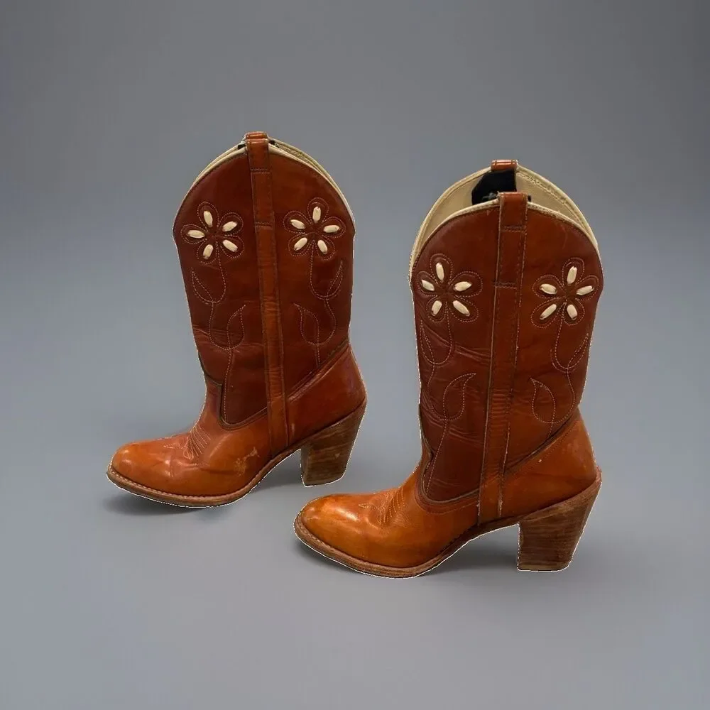 Acme/Dingo Daisy Flower Brown Vintage Boho Cowgirl Boots, Style 7489, Size 6M